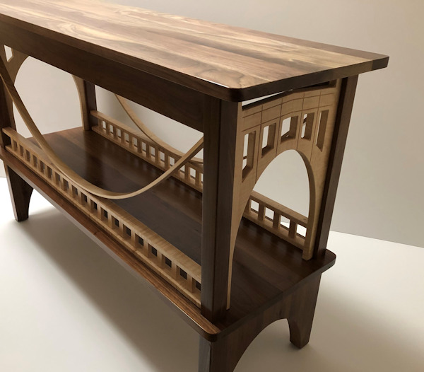 Walnut and curly maple Pittsburgh bridge table 
